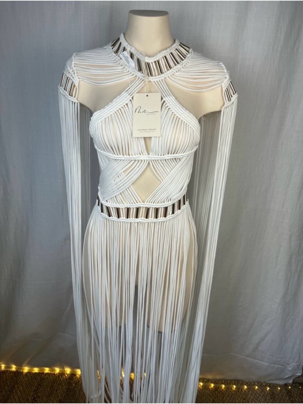 Mew Mews NA Backless White Macramé Fringe Dress XS NWT
